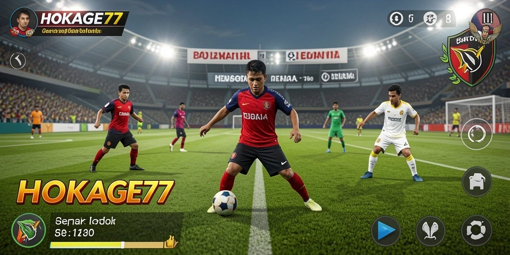 Tampilan gameplay HOKAGE77 saat pertandingan sepak bola yang seru.
