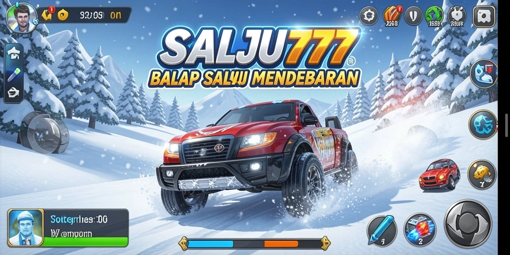 Tampilan gameplay SALJU777 dengan balapan seru di trek bersalju.
